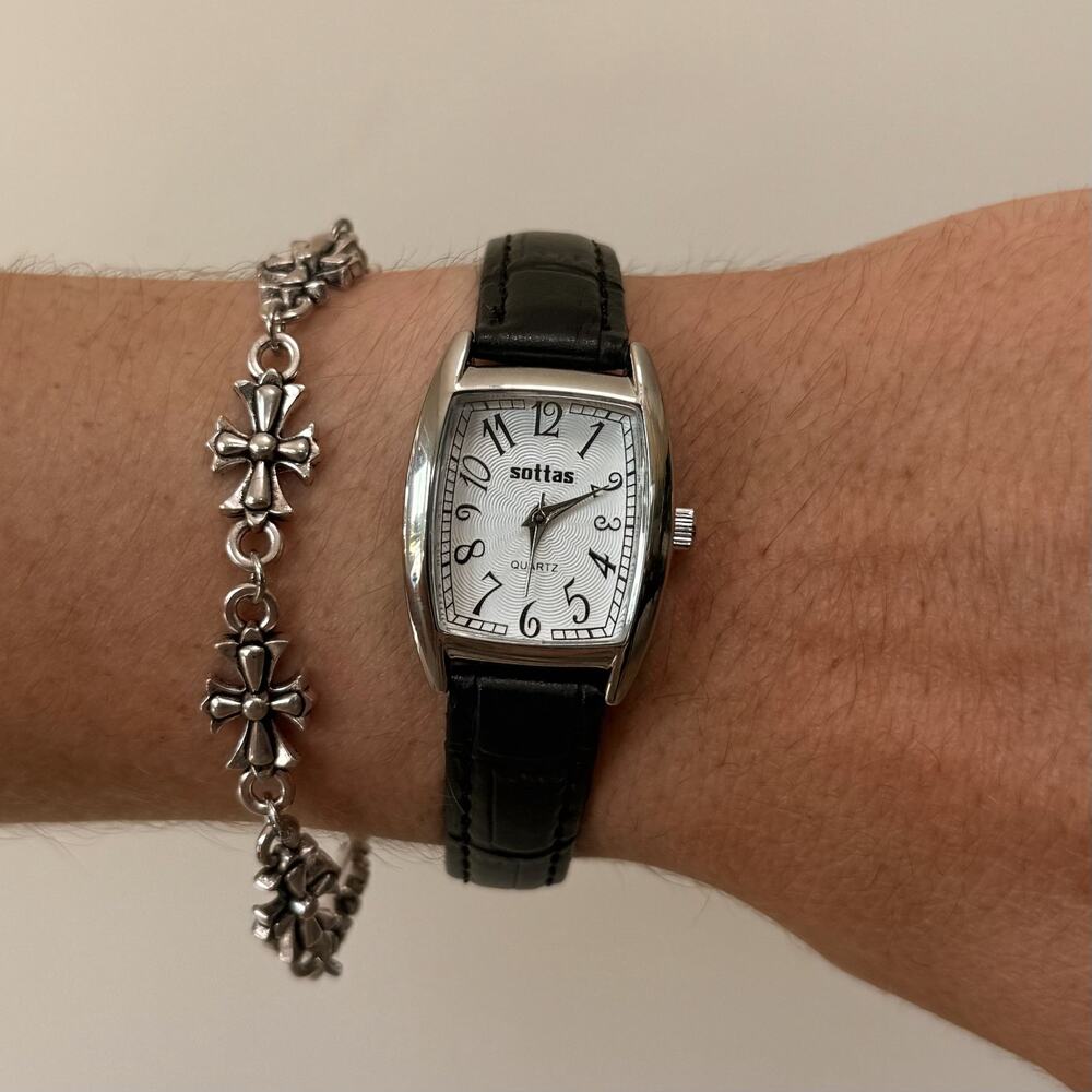 Y2K Silver Black Leather Quartz Watch with Curved Dial Unisex 8.5" New
